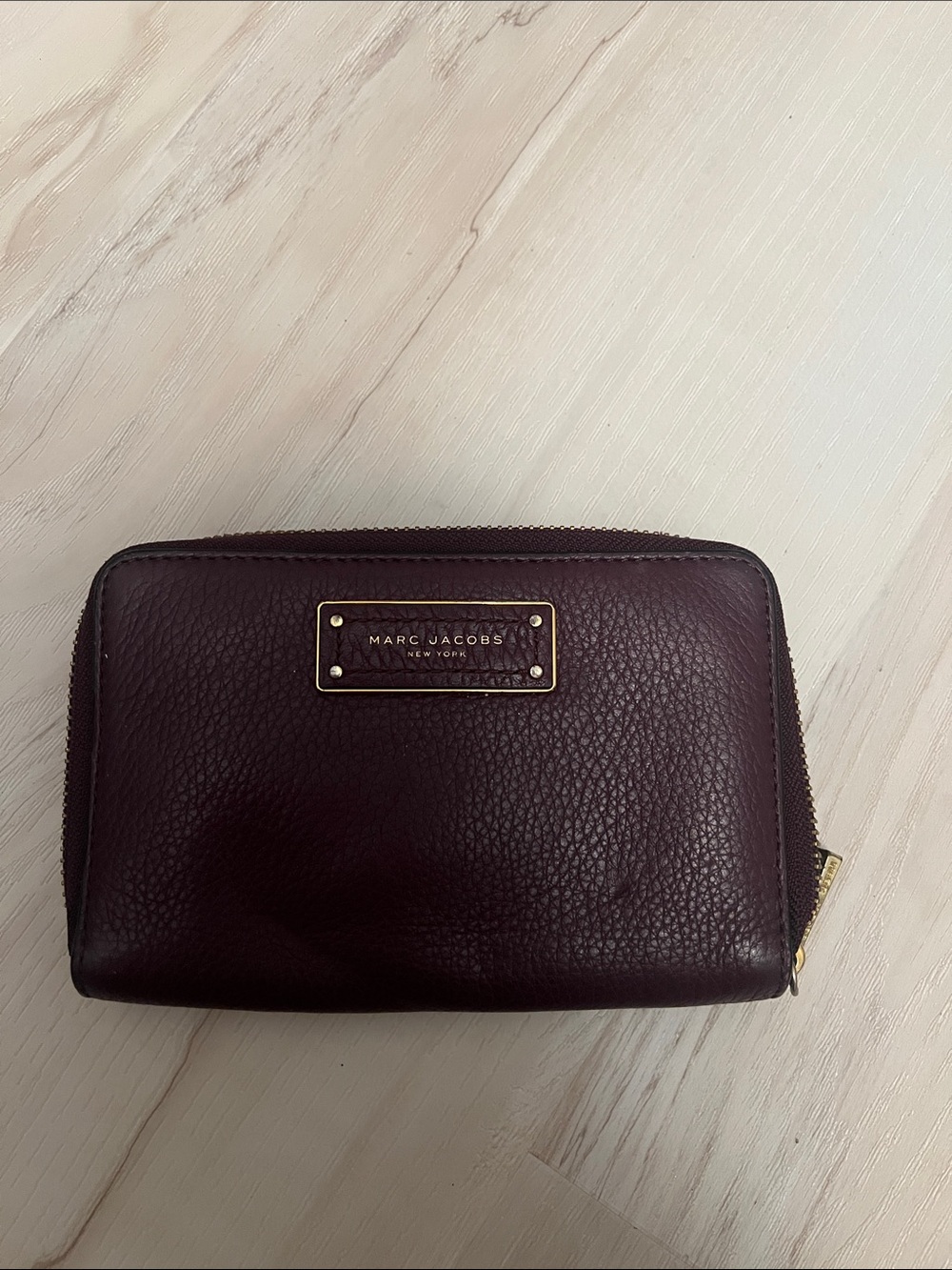 Marc Jacobs Plum Leather Zip Wallet with Gold Plaque